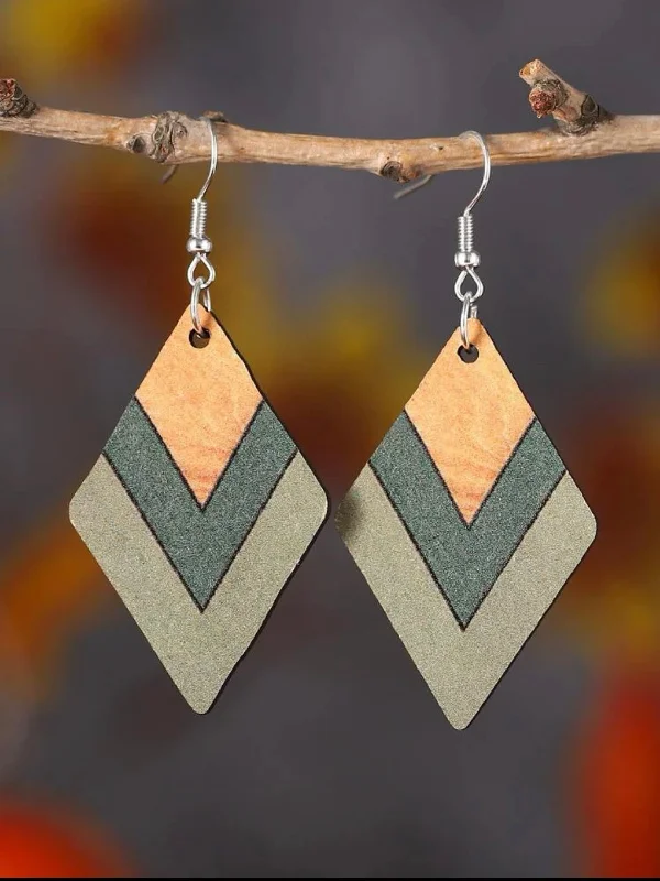 Floral Drop Earrings with Petals -Wooden Rhombus Drop Earrings