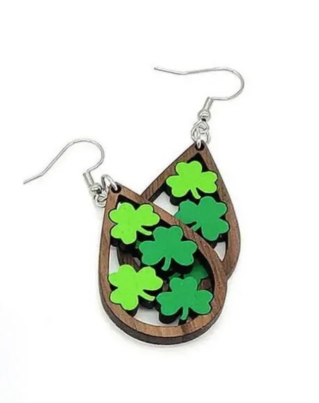 Crystal Drop Earrings for Sparkle -Wooden Shamrock Teardrop Earrings