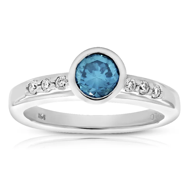 Chunky rings with hammered gold band texture -0.80 cttw Blue and White Diamond Engagement Ring 14K White Gold