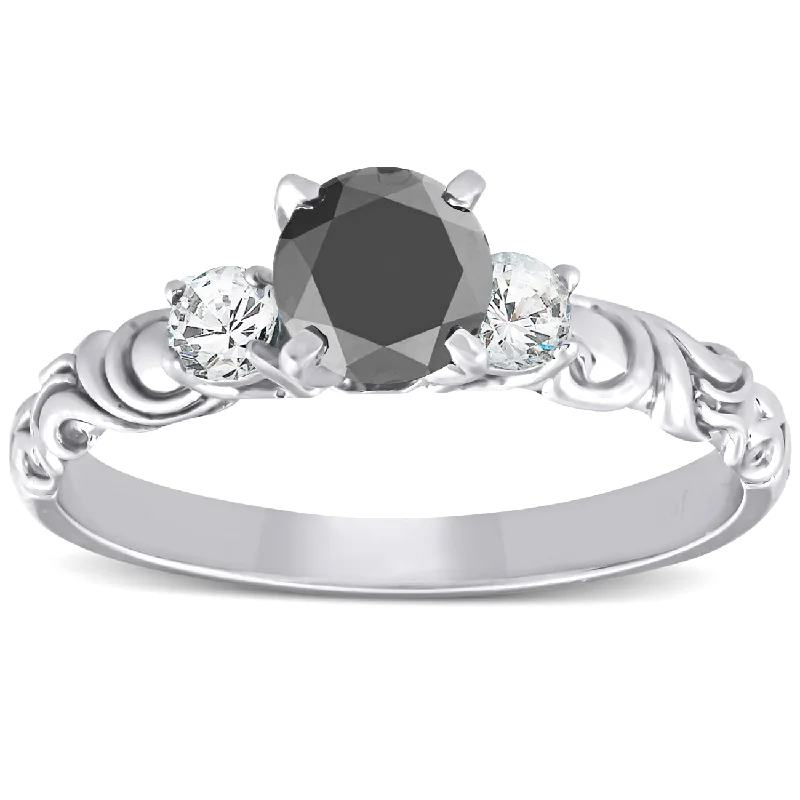 Titanium rings with rugged brushed metal look -1 1/14 Ct Black Diamond Three Stone Vintage Engagement Ring 14k White Gold