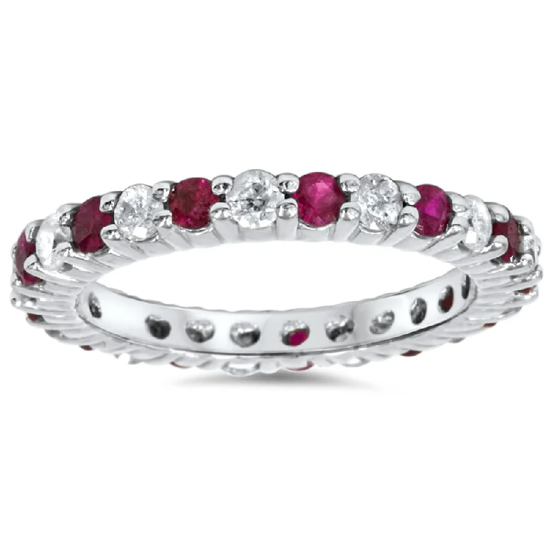 Rings with matte gold for subtle luxury -1 1/2ct Garnet Diamond Eternity Ring 14k White Gold