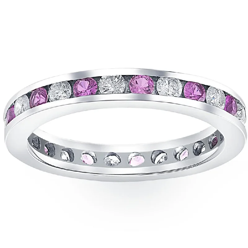 Vintage rings with engraved floral band designs -1 1/2ct Pink Sapphire & Diamond Eternity Channel Set Wedding Ring 14k White Gold