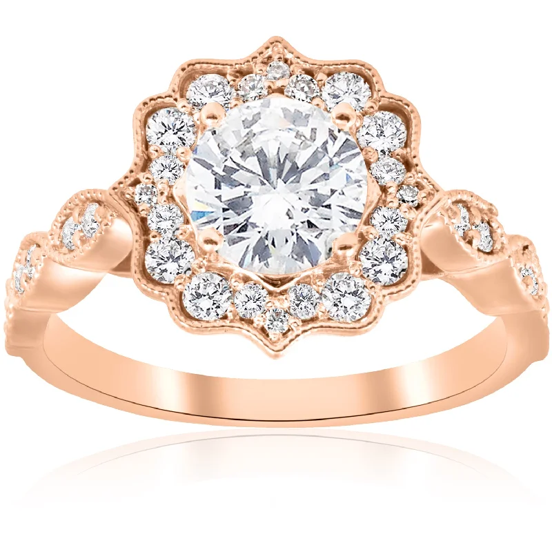 Rings with mandala engravings for spiritual vibe -1 1/2ct Vintage Diamond Halo Engagement Ring 14k Rose Gold Art Deco Design