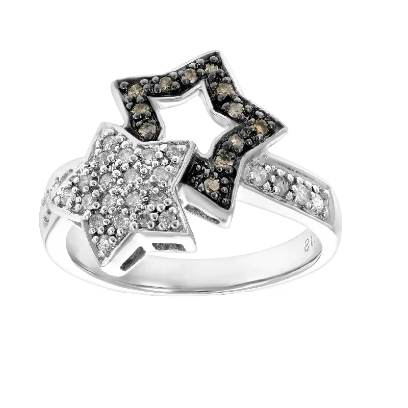 Rings with sunstone gems for fiery sparkle -1/4 cttw Champagne and White Diamond Fashion Star Ring 14K White Gold