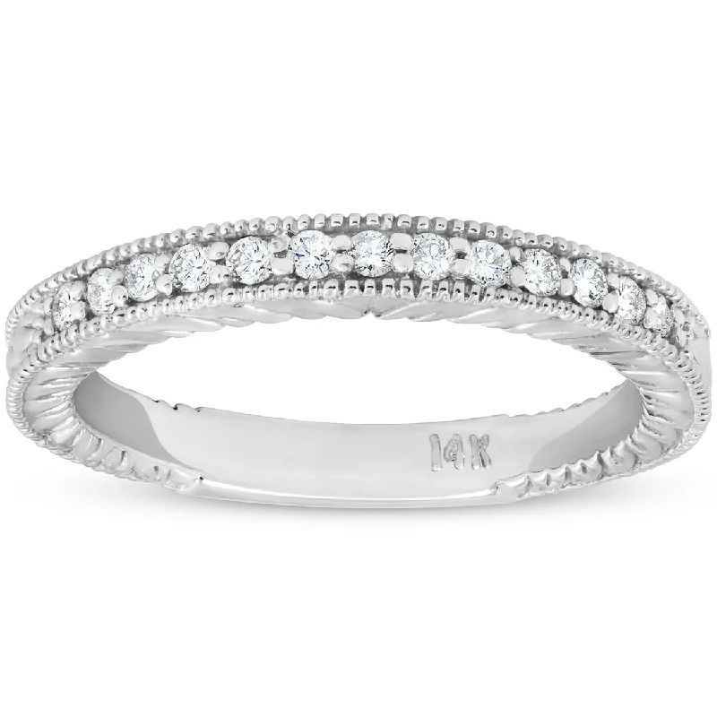 Rings with oxidized bands for vintage edge -1/5ct Diamond Vintage Womens Wedding Ring Stackable 14k White Gold Band