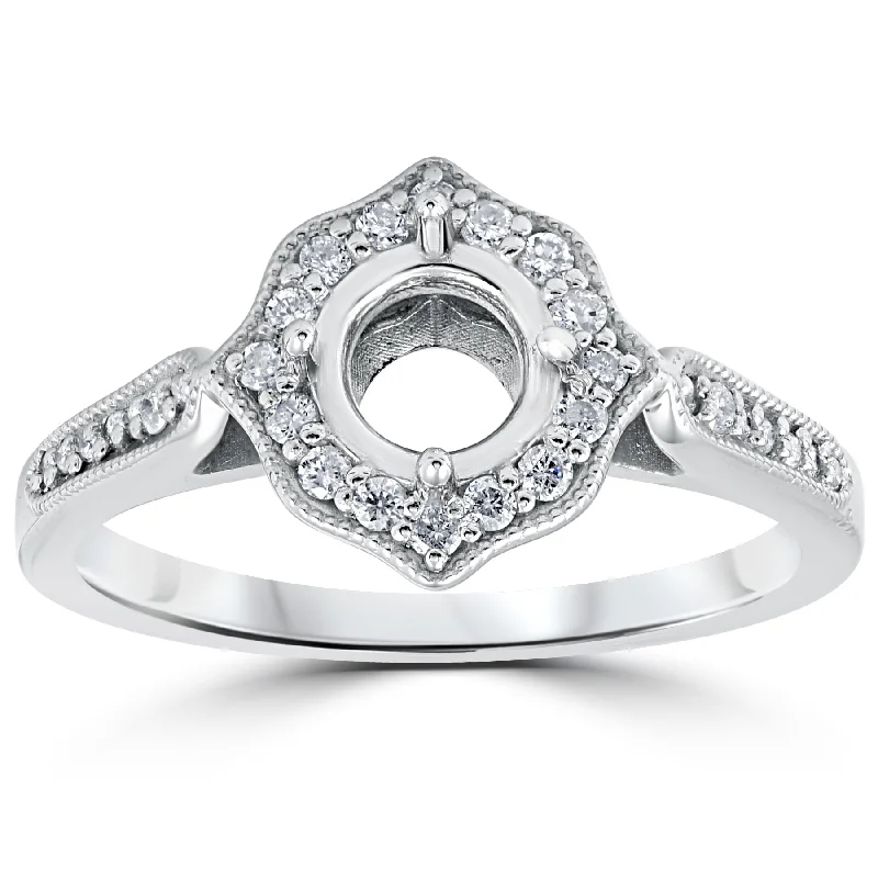 Rings with gothic-inspired skull motif details -1/5ct Vintage Halo Diamond Engagement Ring Setting 14k White Gold With Milgrain