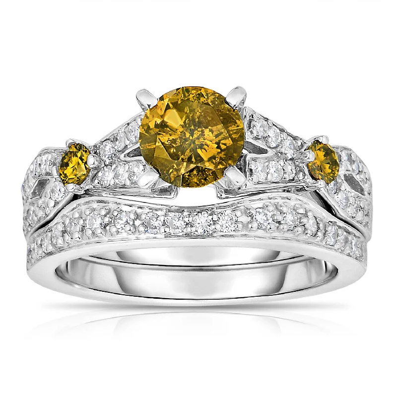 Rings with crescent moon for lunar charm -1.60 cttw 3 Stone Yellow and White Diamond Engagement Ring 14K White Gold