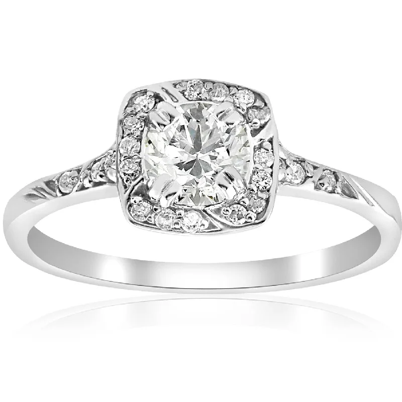 Rings with etched floral bands for detail -1 ct Cushion Halo Diamond Engagement Ring 14k White Gold