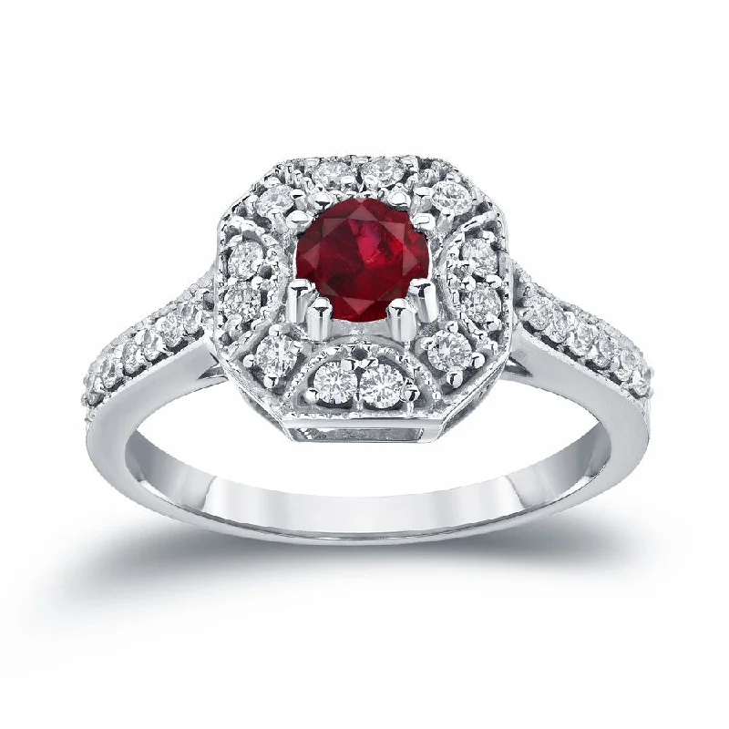 Rings with raw garnet stones for texture -14k Gold 1/2ct Ruby and 1/3ct TDW Diamond Cluster Engagement Ring by Auriya