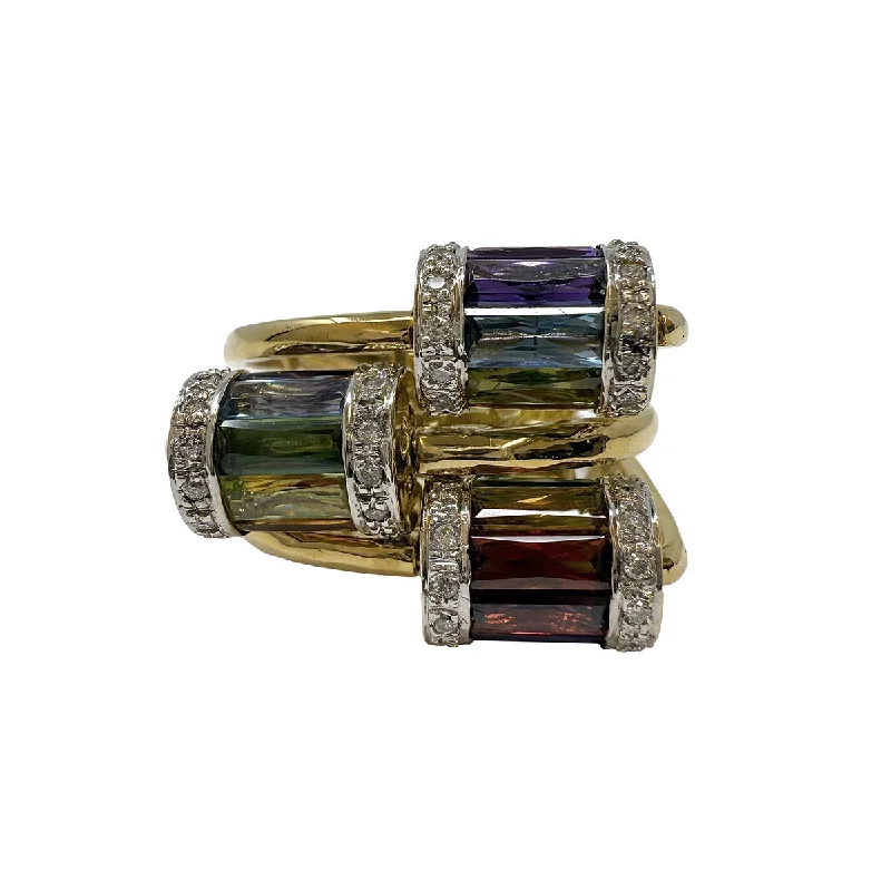 Rings with vintage-inspired rose-cut diamonds -18K Gold Spinner Ring with Multicolored Tourmaline and Diamonds