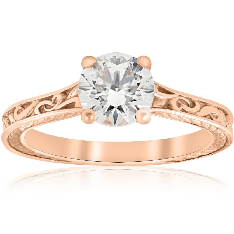 Dainty rings with subtle engraved star motifs -1ct Diamond Solitaire 14k Rose Gold Vintage Engagement Ring Art Deco Filigree