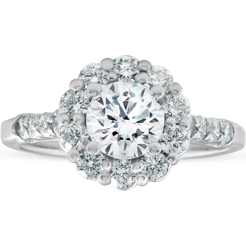 Handcrafted rings with raw emerald rough stones -2 3/4 Ct Round Diamond Halo Engagement Ring 14k White Gold