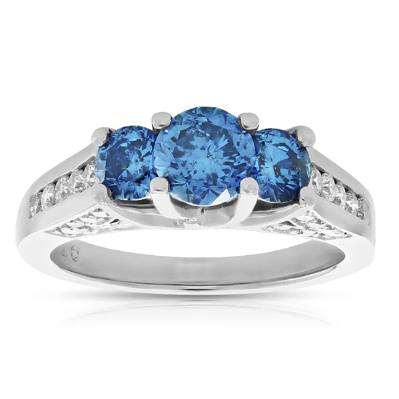 Rings with double bands for modern twist -2.56 cttw Blue and White Diamond 3 Stone Ring 14K White Gold Engagement