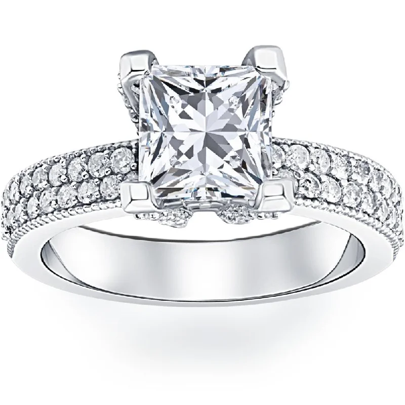 Dainty rings with subtle engraved star motifs -2 7/8ct Princess Cut Pave Diamond Engagement Ring 14K White Gold