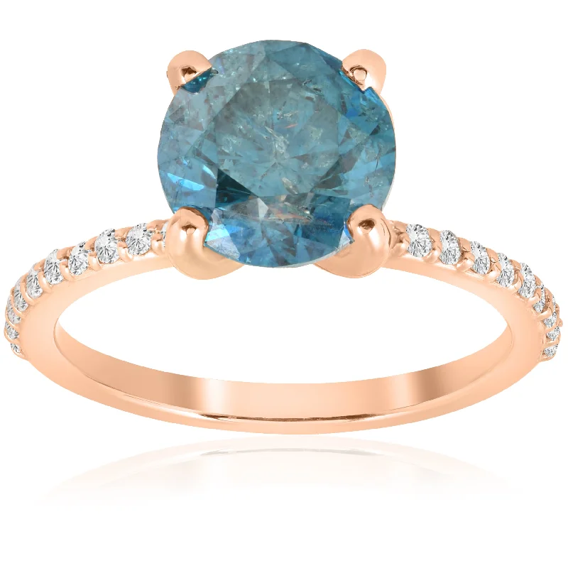 Dainty rings with subtle engraved star motifs -3 1/5ct Blue Diamond Engagement Ring 14k Rose Gold