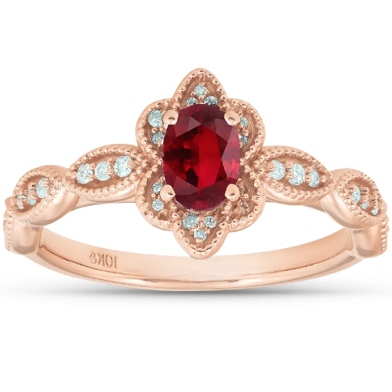 Rings with carved onyx for bold sleekness -3/4 Ct Oval Genuine Ruby & Diamond Halo Anniversary Engagement Ring Rose Gold