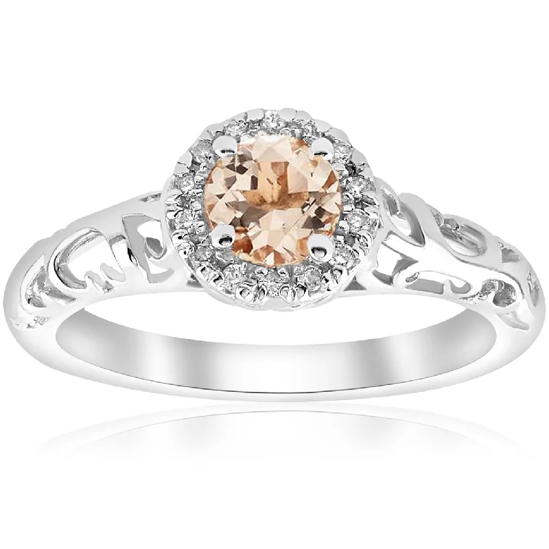 Rings with shield-shaped stones for boldness -5/8cttw Morganite & Diamond Vintage Halo Engagement Ring 14k White Gold