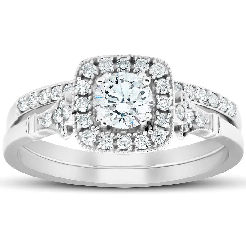 Rings with blue quartz for cool tones -.75 Ct Cushion Halo Diamond Engagement Wedding Ring Set 14k White Gold Lab Grown