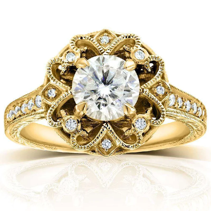 Handcrafted rings with raw emerald rough stones -Antique Round Moissanite Engagement Ring with Diamond 1 1/5 CTW 14k Yellow Gold