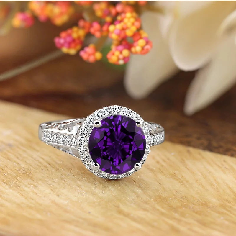 Rings with agate slices for earthy style -Auriya 1 1/2ct Fancy Round Purple Amethyst and Halo Diamond Engagement Ring 1/5ctw 14k Gold