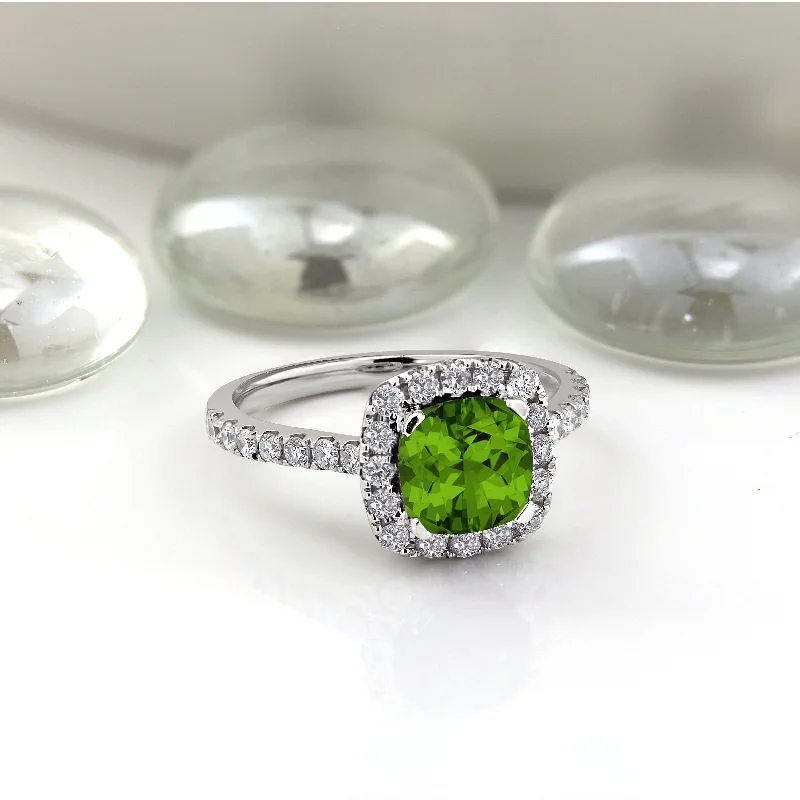 Rings with peridot gems for fresh green -Auriya 1 3/8ct Cushion-cut Peridot and Halo Diamond Engagement Ring 1/2cttw 14k Gold