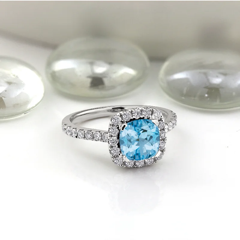 Rings with twisted rose gold band designs -Auriya 1 3/8ct Cushion-cut Sky Blue Topaz and Halo Diamond Engagement Ring 1/2cttw 14k Gold