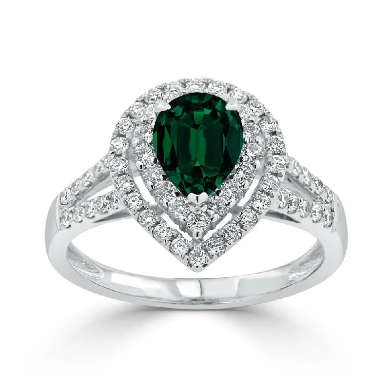 Engagement rings with classic solitaire ruby stones -Auriya 1ct Pear-cut Green Emerald and Halo Diamond Ring 5/8ctw 18K Gold