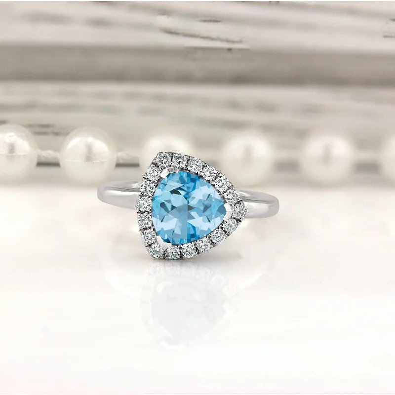 Sterling silver rings with vibrant turquoise stones -Auriya 2 1/8ct Trillion-cut Sky Blue Topaz 1/4cttw Halo Diamond Engagement Ring 14k Gold