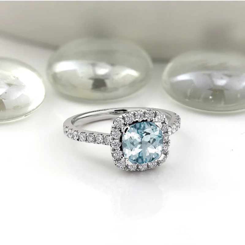 Rings with agate slices for earthy style -Auriya 3/4ct Cushion-cut Aquamarine and Halo Diamond Engagement Ring 1/2cttw 14k Gold