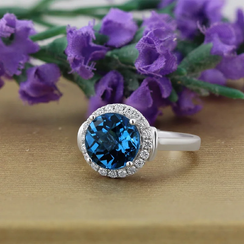 Rings with sleek black agate for edge -Auriya 3 5/8ct Round London Blue Topaz and Halo Diamond Engagement Ring 1/4ctw 14k Gold