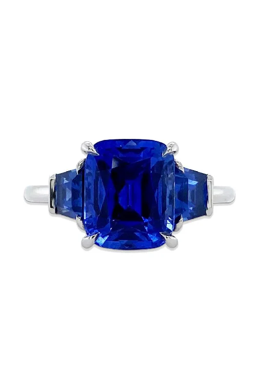 Rings with delicate filigree sapphire settings -Cushion Flanked Blue Sapphire Ring