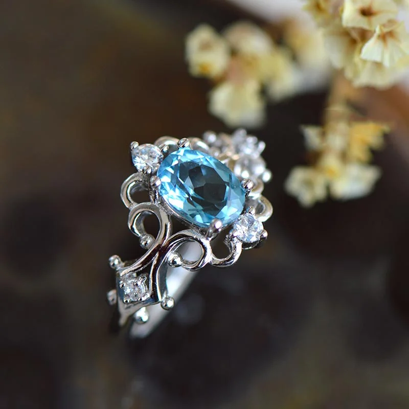 Rings with spiral designs for eye-catching twist -Blue Topaz Rings in White Gold Plated Sterling Silver November Birthstone Handmade Jewelry