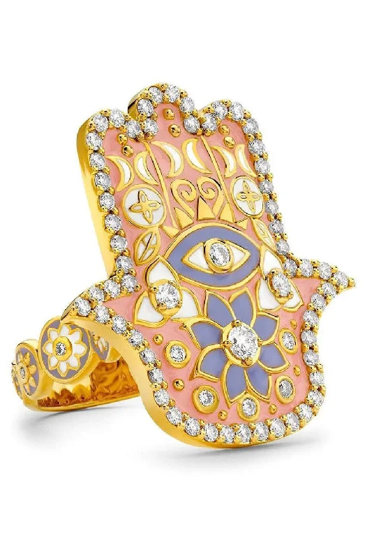 Gold rings with intricate celtic knot patterns -Pink Enamel Hamsa Ring