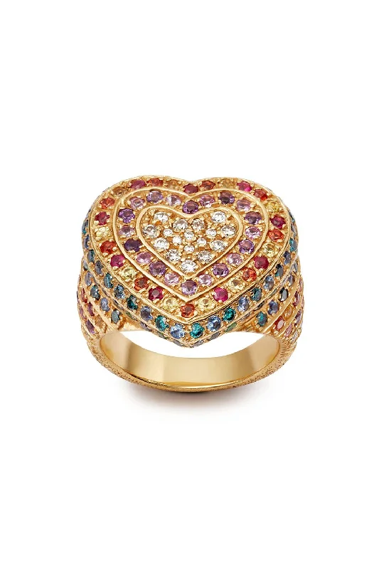 Rings with gothic-inspired skull motif details -Rainbow Pavé Cuore Ring