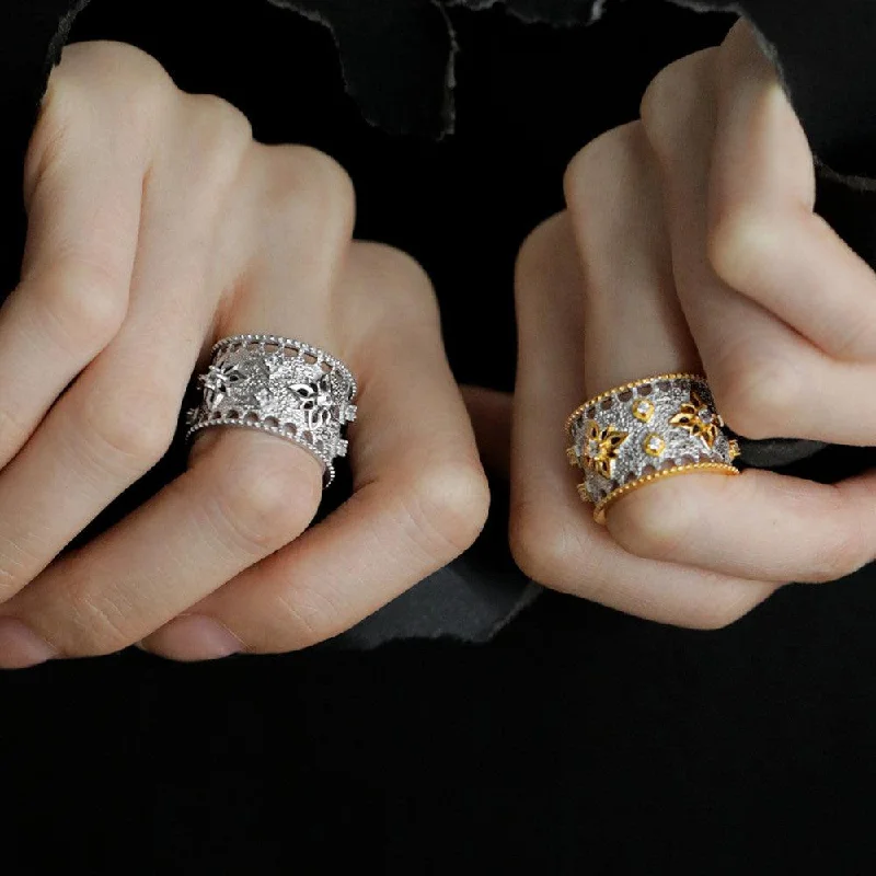 Rings with hematite for sleek metallic sheen -Color-blocking Snowflake Starlight Wide Ring