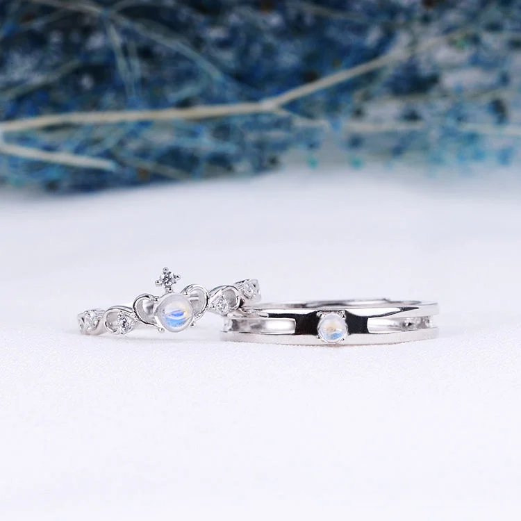 Rings with labradorite stones for mystic flash -Moonstone Ring in White Gold Plated Silver Couple Jewelry Engage Ring Women Men