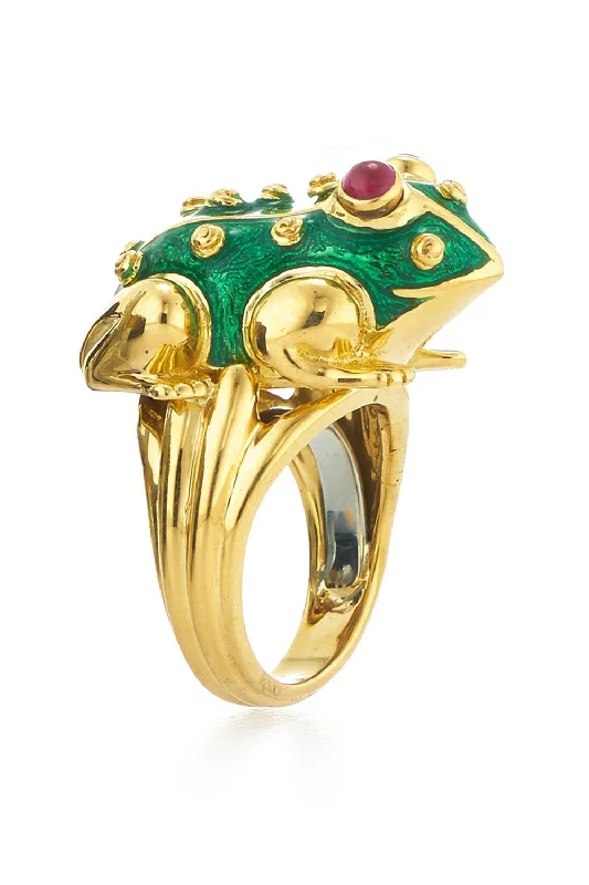 Rings with raw jade for natural calm -Green Enamel Ruby Large Frog Ring