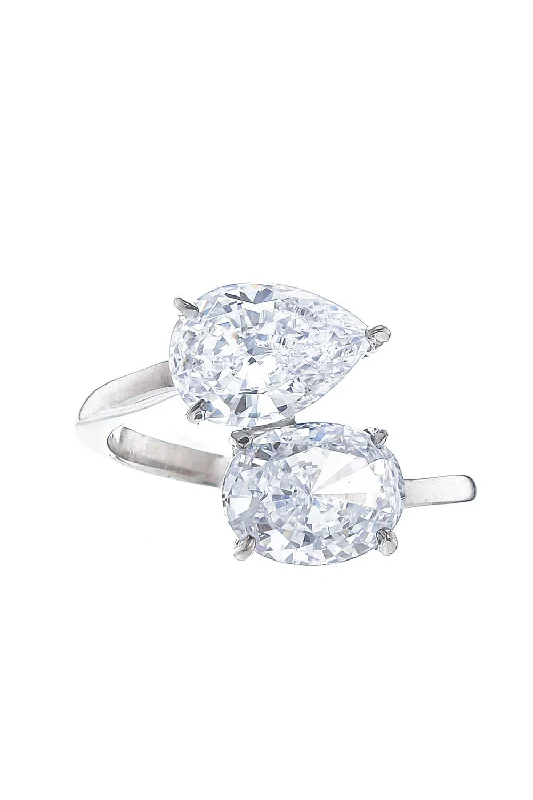 Rings with floral halo diamond arrangements -Bypass Pear Oval Ring