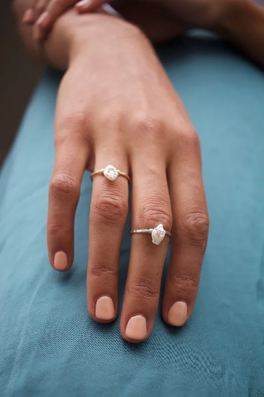 Dainty rings with subtle engraved star motifs -Freshwater Keshi Pearl Ring by Toasted Jewelry