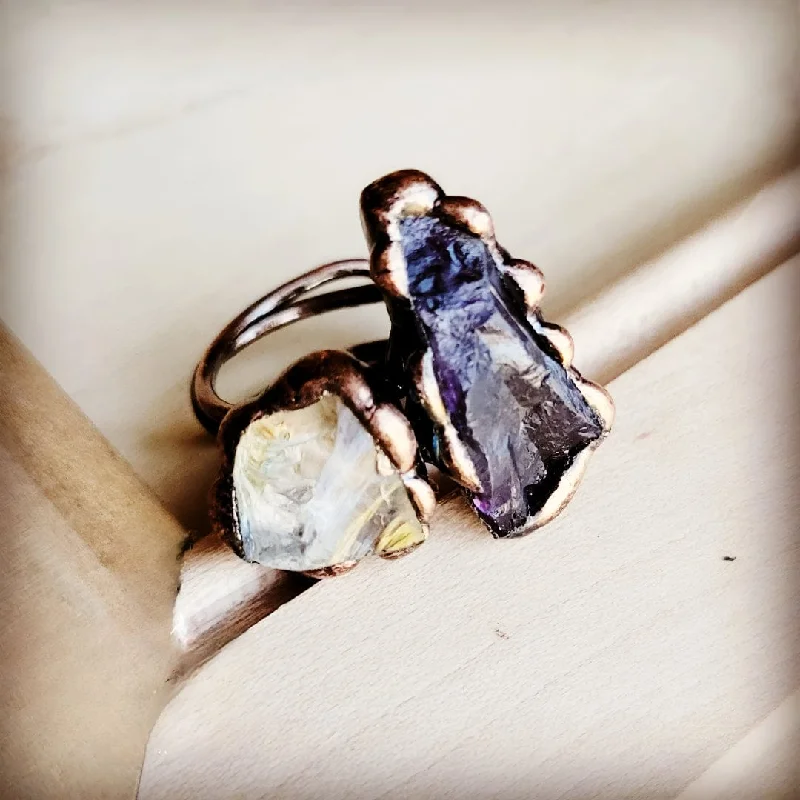 Rings with delicate filigree sapphire settings -Genuine Amethyst and Quartz Ring in a Copper Setting