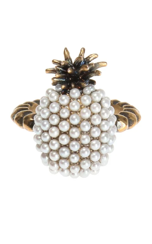 Rings with hammered silver for rustic appeal -Gold Pearl Pineapple Ring