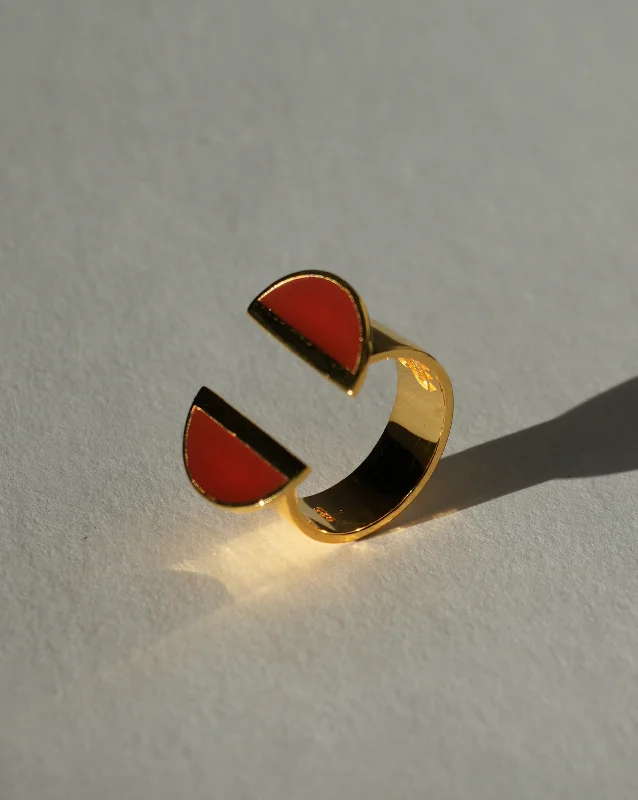 Rings with blue quartz for cool tones -24K Gold Vermeil Split Top Crescent Carnelian Enamel Ring - Diasporan Voyage