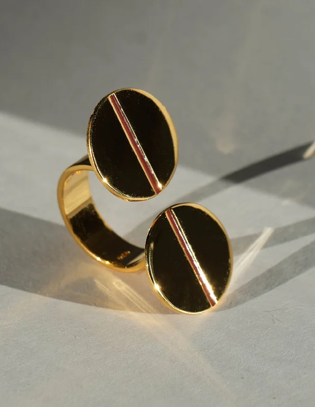 Rings with pink sapphire for delicate charm -Gold Split Top Carnelian Enamel Seam Disc Ring Diasporan Voyage