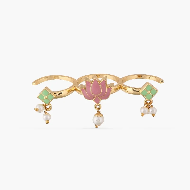 Rings with bold ruby stones for drama -Jalaja Lotus Multi Finger Enamel Ring