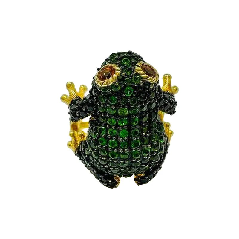 Rings with herkimer diamonds for raw clarity -Judith Ripka Vermeil Frog Ring with Green and Black Gemstones