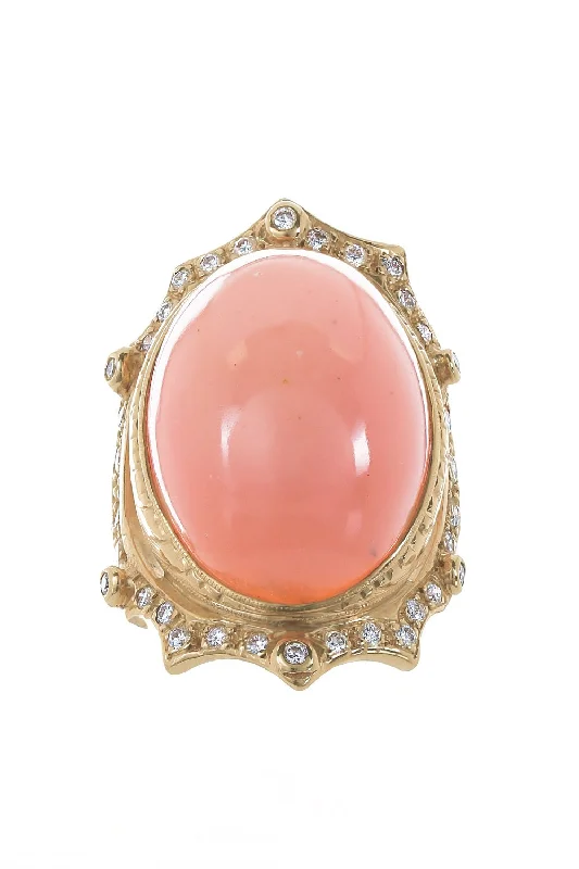 Rings with rose quartz for soft romance -Diamond Pink Coral Oval Ring