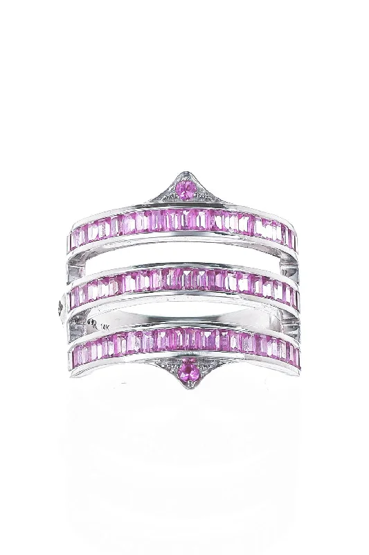 Rings with aventurine gems for green luck -Triple Pink Sapphire Gothic Point Band Ring