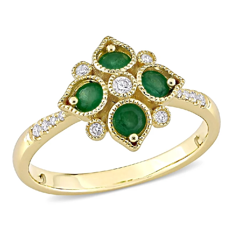 Rings with malachite stones for green patterns -Miadora 14k Yellow Gold Emerald and 1/10ct TDW Diamond Floral Geometric Cluster Ring