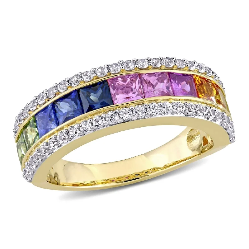 Rings with twisted rose gold band designs -Miadora 14k Yellow Gold Multi-color Square -cut Sapphire Halo Eternity Band Ring