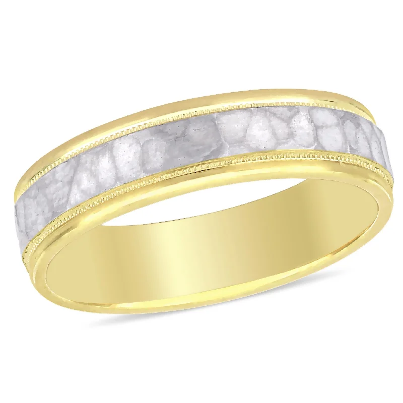 Rings with etched floral bands for detail -Miadora Ladies Hammered Wedding Band in 2-Tone 10k Yellow and White Gold (5mm)